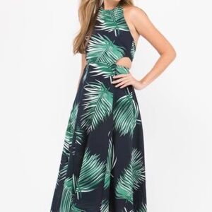 Petal Roz Blue & Green Tropical Print Backless Cutout Halter Midi Dress Size S